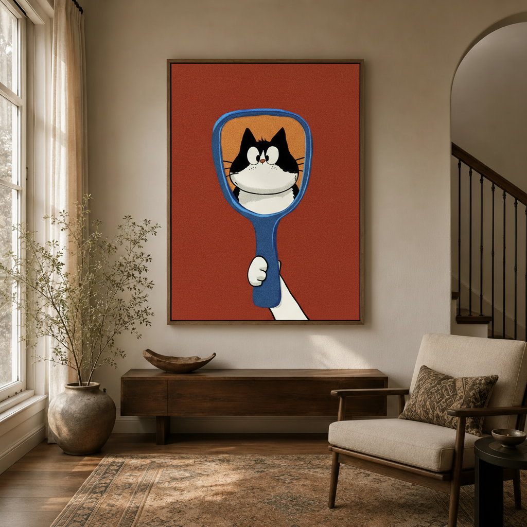 Funny vintage cat illustration hanging in neutral entryway with arched doorway and staircase