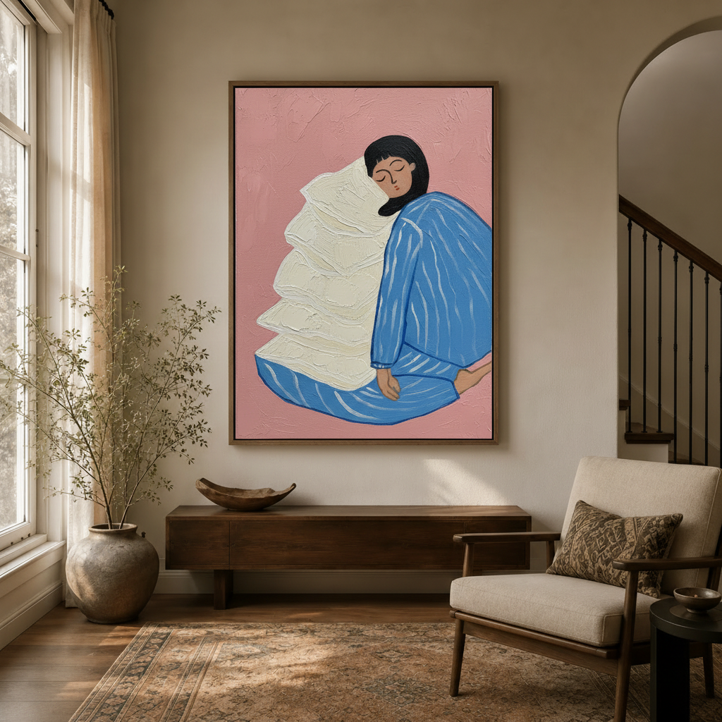 Minimalist figurative wall art in dark walnut float frame hanging in cozy entryway with arched doorway