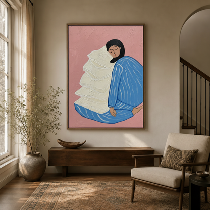 Minimalist figurative wall art in dark walnut float frame hanging in cozy entryway with arched doorway