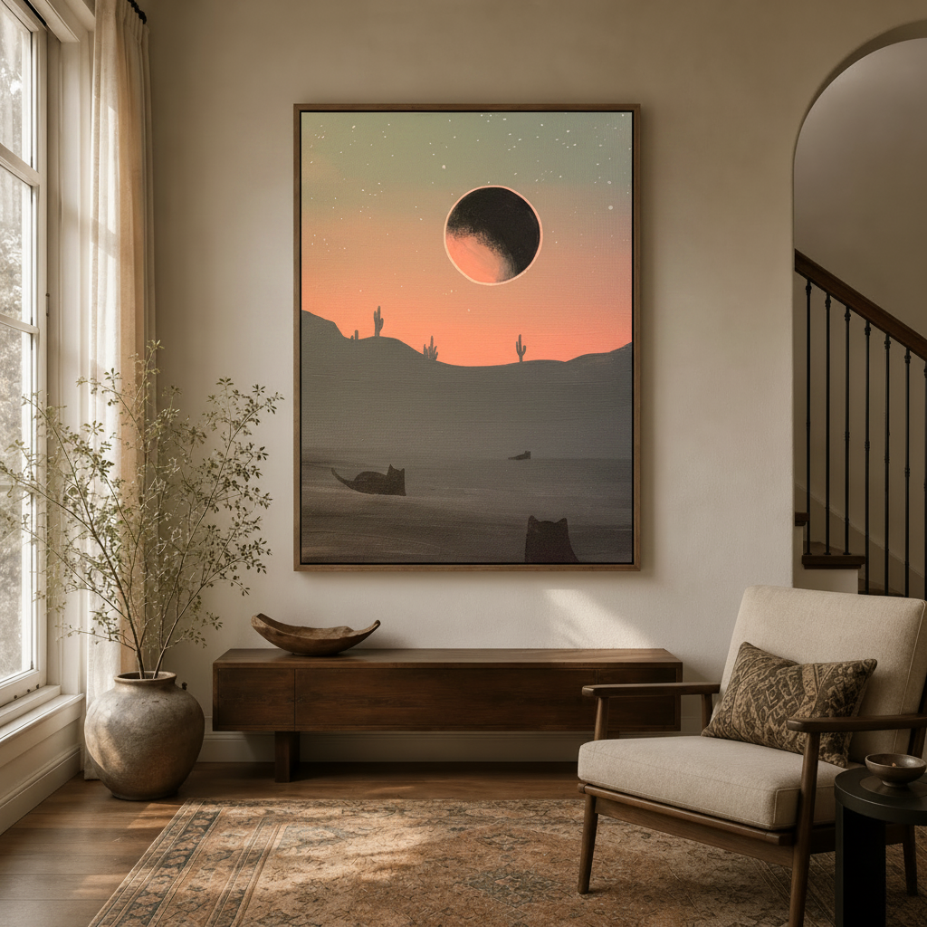 Atmospheric lunar eclipse desert landscape canvas in float frame, neutral entryway with arched doorway