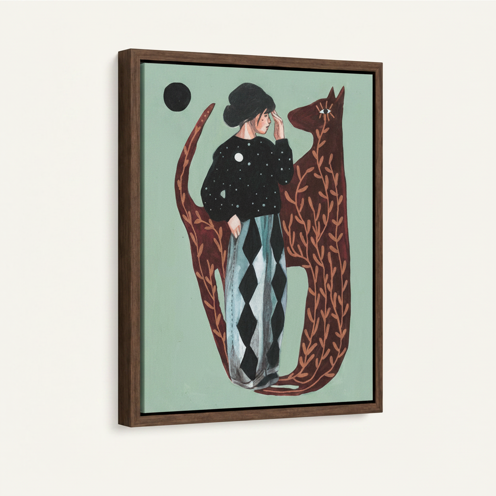 Framed whimsical canvas wall art featuring a girl in black beret with a red branch fox, dark walnut float frame
