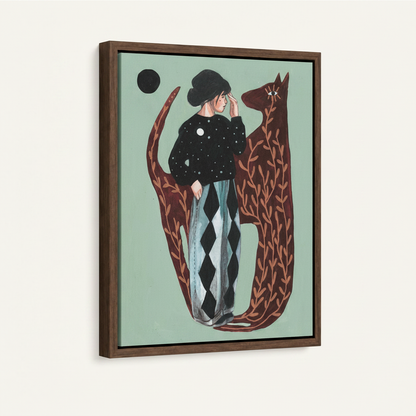 Framed whimsical canvas wall art featuring a girl in black beret with a red branch fox, dark walnut float frame