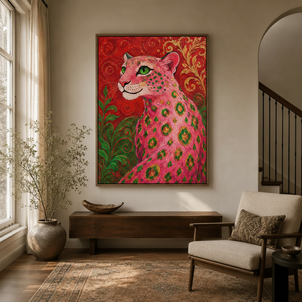 Jewel-toned pink leopard baroque canvas wall art hanging in modern farmhouse entryway with arched doorway