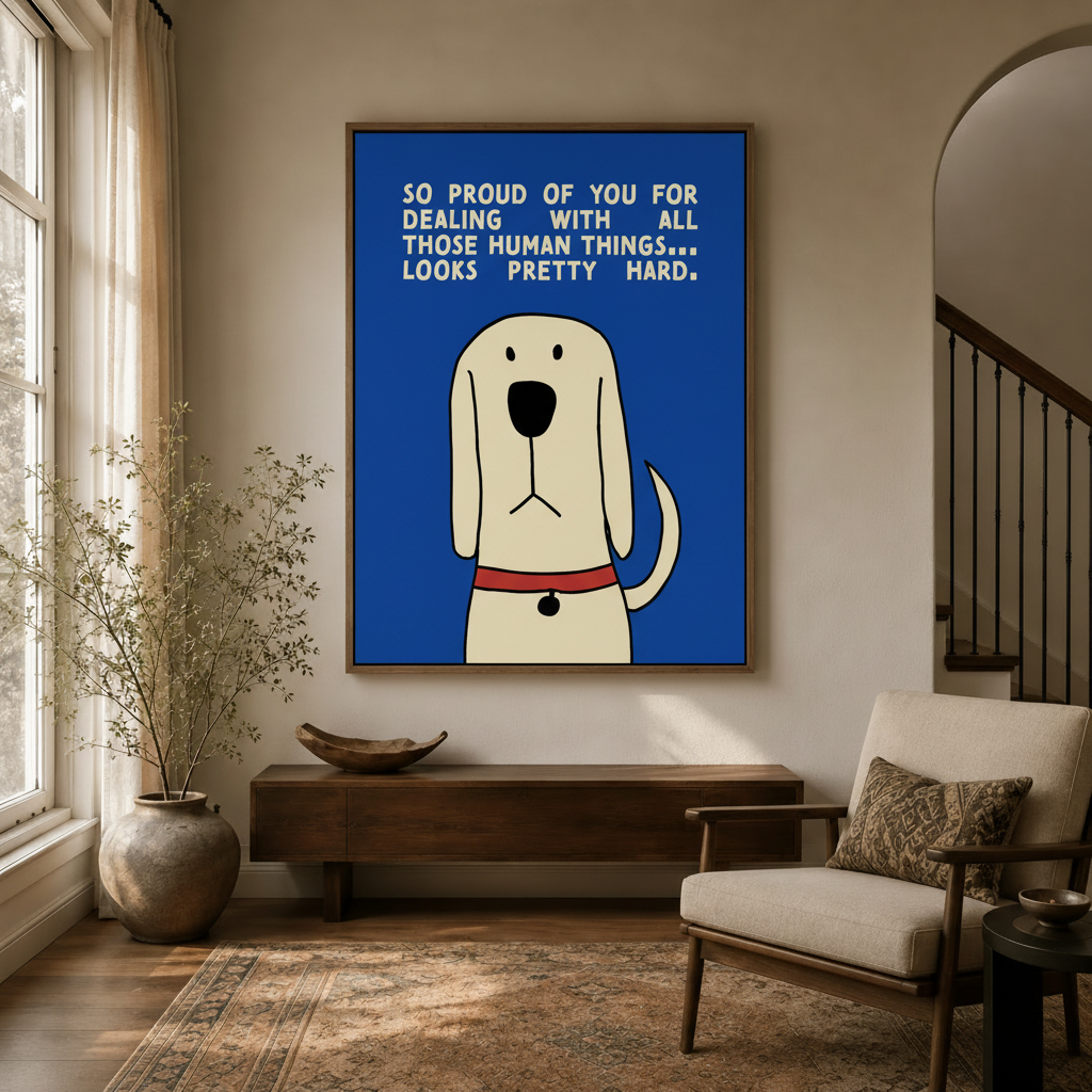 So Proud of You cartoon dog illustration hanging in neutral entryway with arched doorway