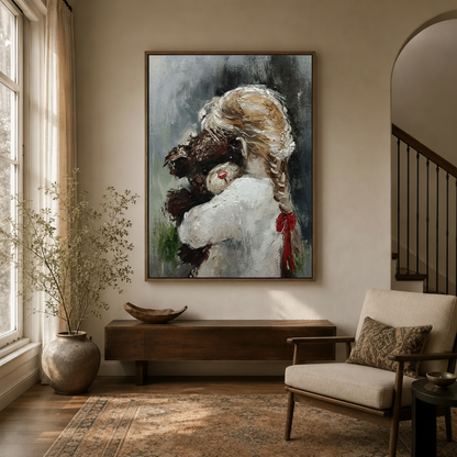 Emotional figurative dog and girl canvas art hanging in a bright transitional entryway with arched doorway