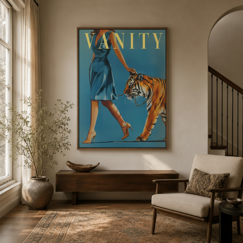 Retro illustration wall art of woman walking tiger hanging in elegant entryway with arched doorway