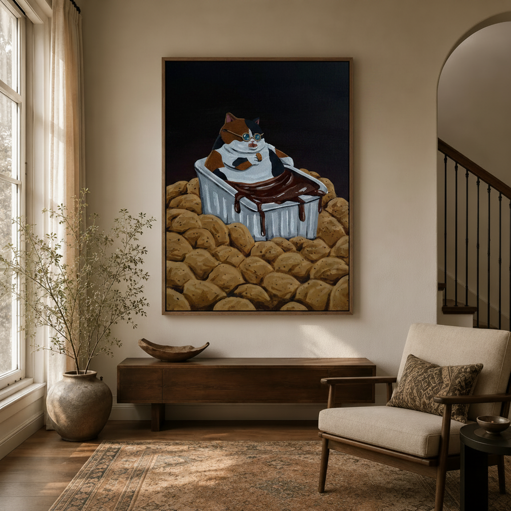 Humorous cat canvas wall art hanging in a bright entryway with staircase and arched doorway
