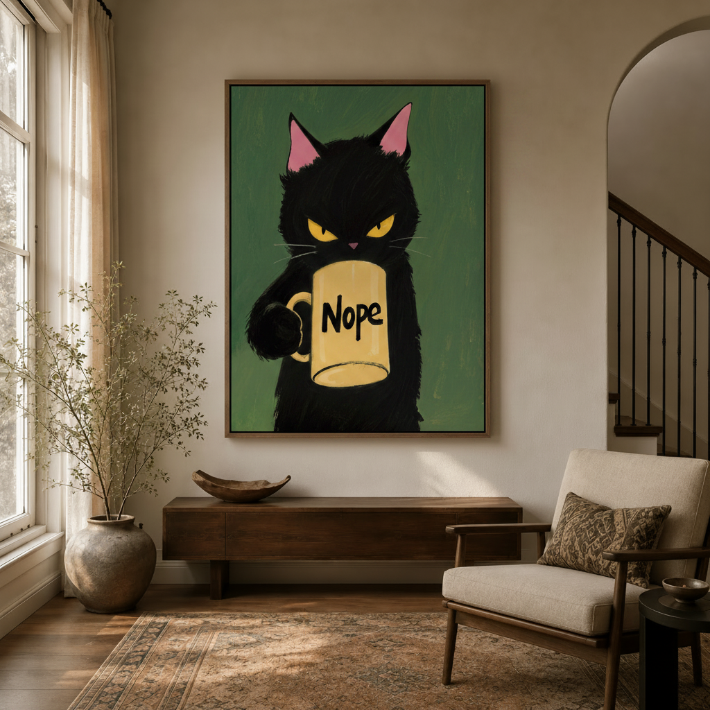 Funny cat pop-art framed canvas hanging in a neutral-toned entryway with wooden furniture