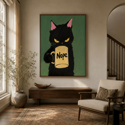 Funny cat pop-art framed canvas hanging in a neutral-toned entryway with wooden furniture