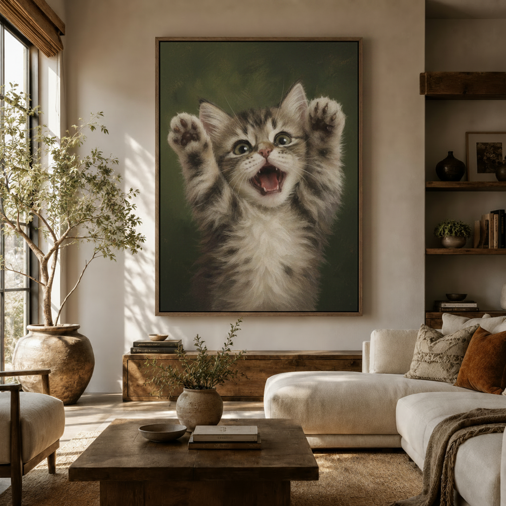 Playful kitten wall art displayed in bright modern living room with olive tree and white sofa