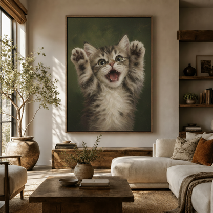 Playful kitten wall art displayed in bright modern living room with olive tree and white sofa