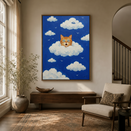 Funny shocked cat cloud oil painting canvas hanging in cozy entryway with arched doorway