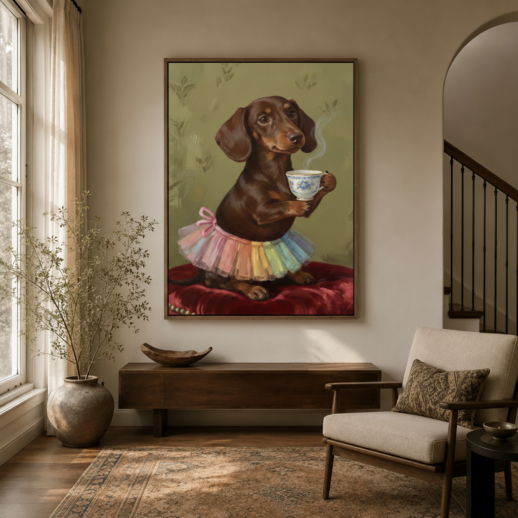 Framed dachshund canvas wall art hanging in modern farmhouse entryway with arched doorway and warm lighting
