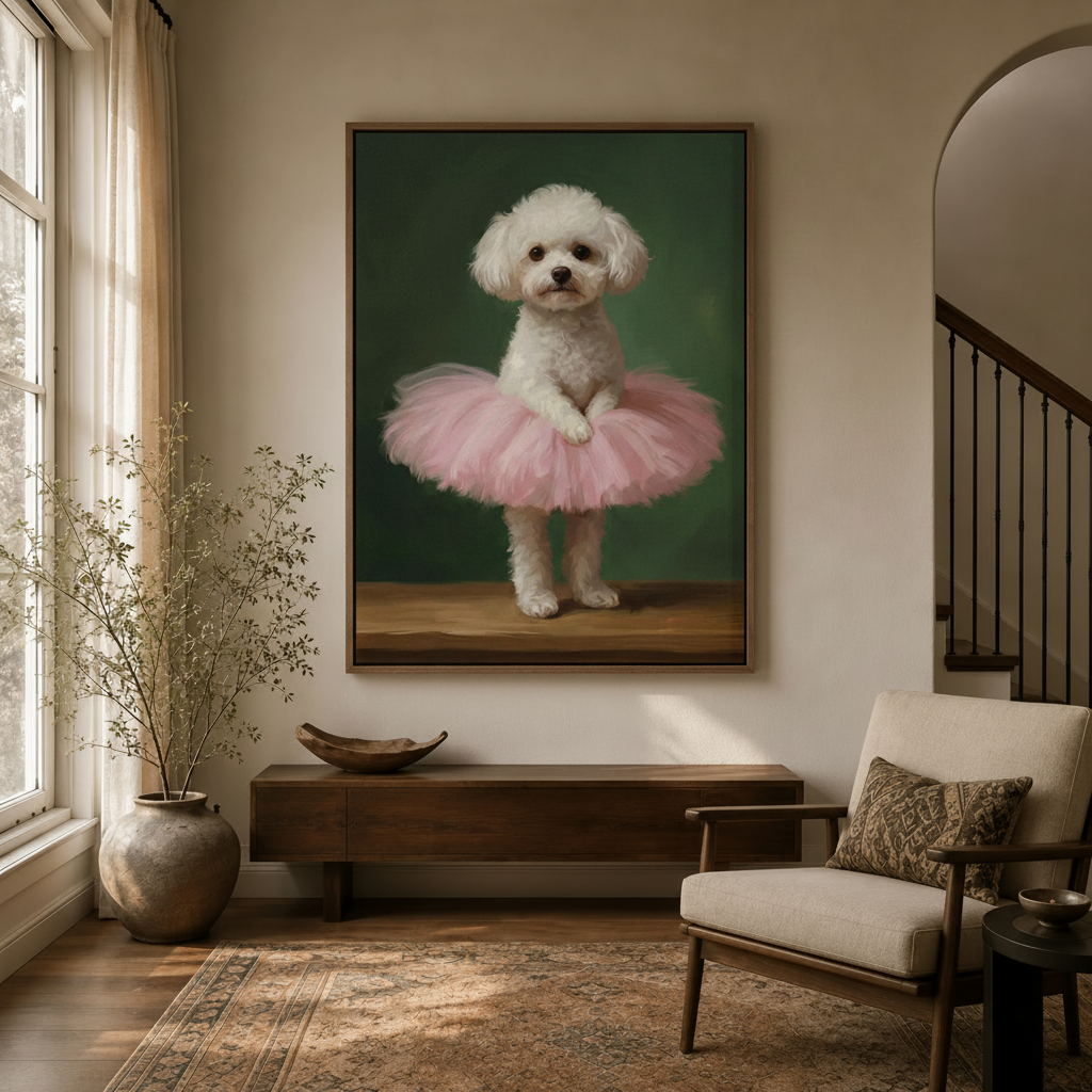 Classical portrait dog wall art in pink tutu hanging in an entryway with walnut console