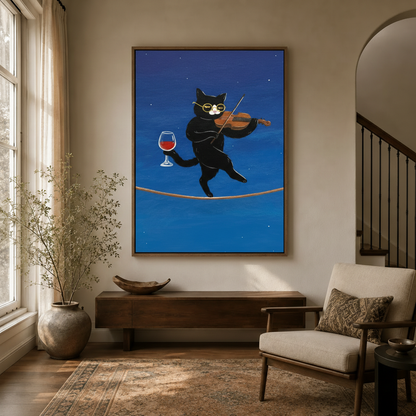 Whimsical black cat tightrope wall art in walnut float frame hung in a bright modern entryway