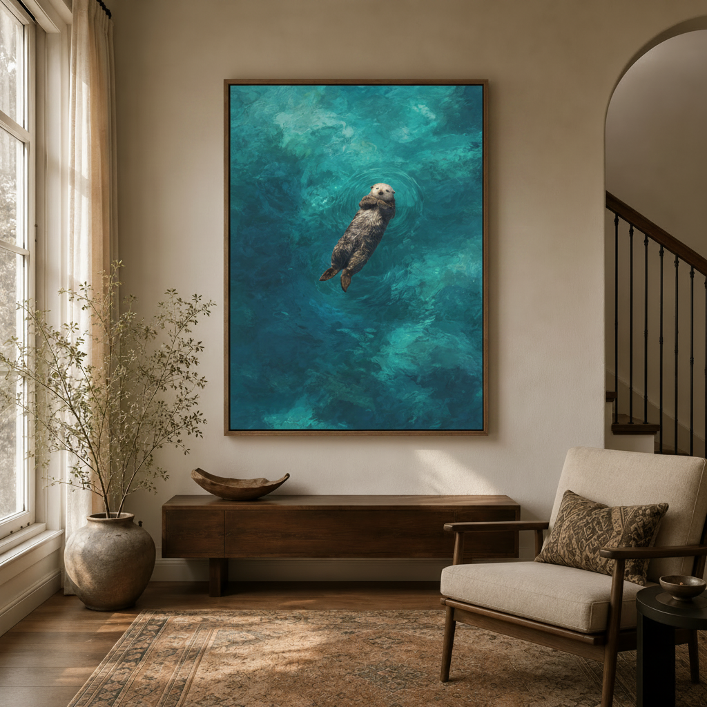 Teal ocean canvas art with floating sea otter in a neutral entryway with arched doorway