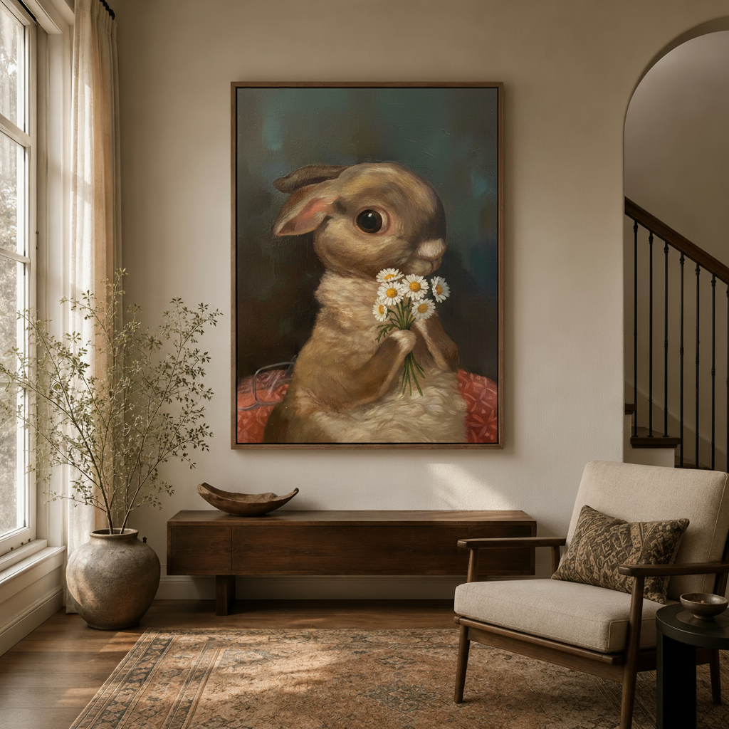  Classical rabbit holding daisies canvas print in float frame displayed in bright entryway with arched doorway