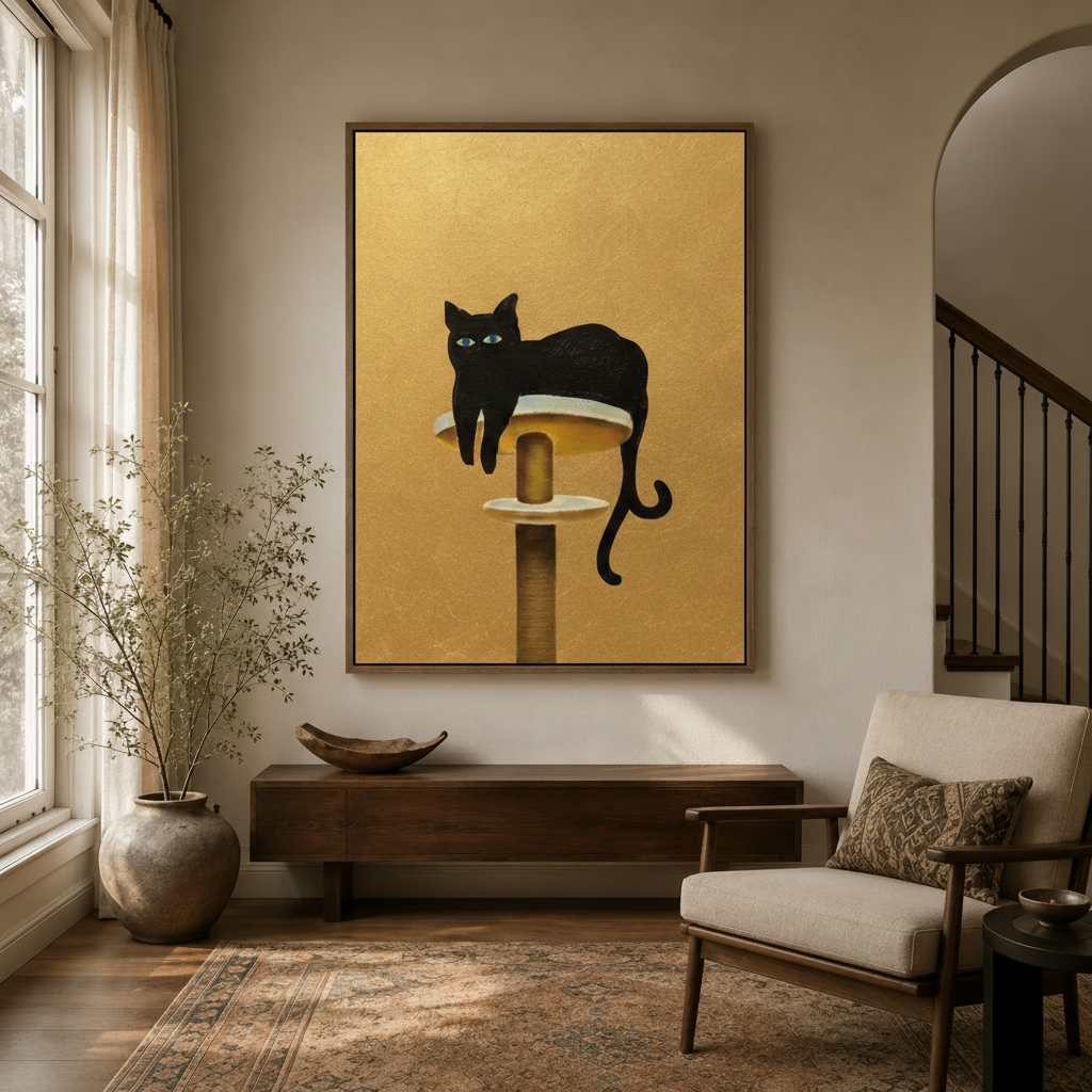 Whimsical black cat canvas wall art hanging in warm-toned entryway with arched doorway