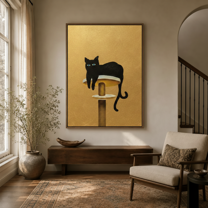 Whimsical black cat canvas wall art hanging in warm-toned entryway with arched doorway