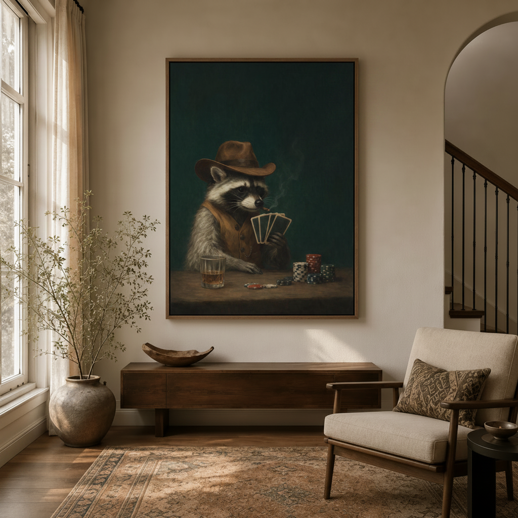 Vintage animal portrait wall art of raccoon cowboy hanging in a bright hallway entryway
