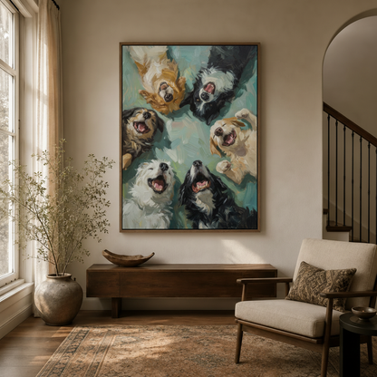 Dog wall art canvas hung in modern entryway with arched doorway, dried botanicals and armchair below