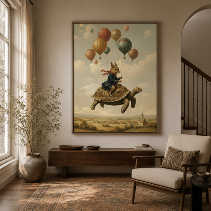 Rabbit turtle balloon whimsical canvas wall art in nursery entryway – surreal fairy tale oil painting with animals and balloons as charming playful wall piece by Aurewall