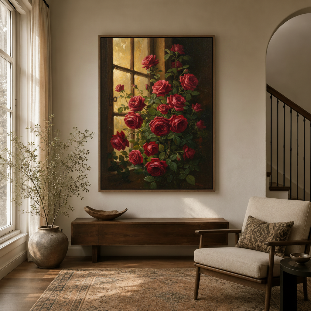 Romantic floral canvas print in wood float frame displayed in bright entryway with arched doorway
