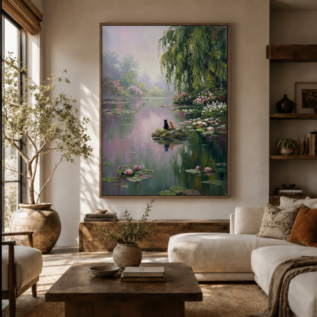 Lotus lake boat canvas wall art in living room – impressionist oil painting with misty willow and lotus displayed above sofa by Aurewall