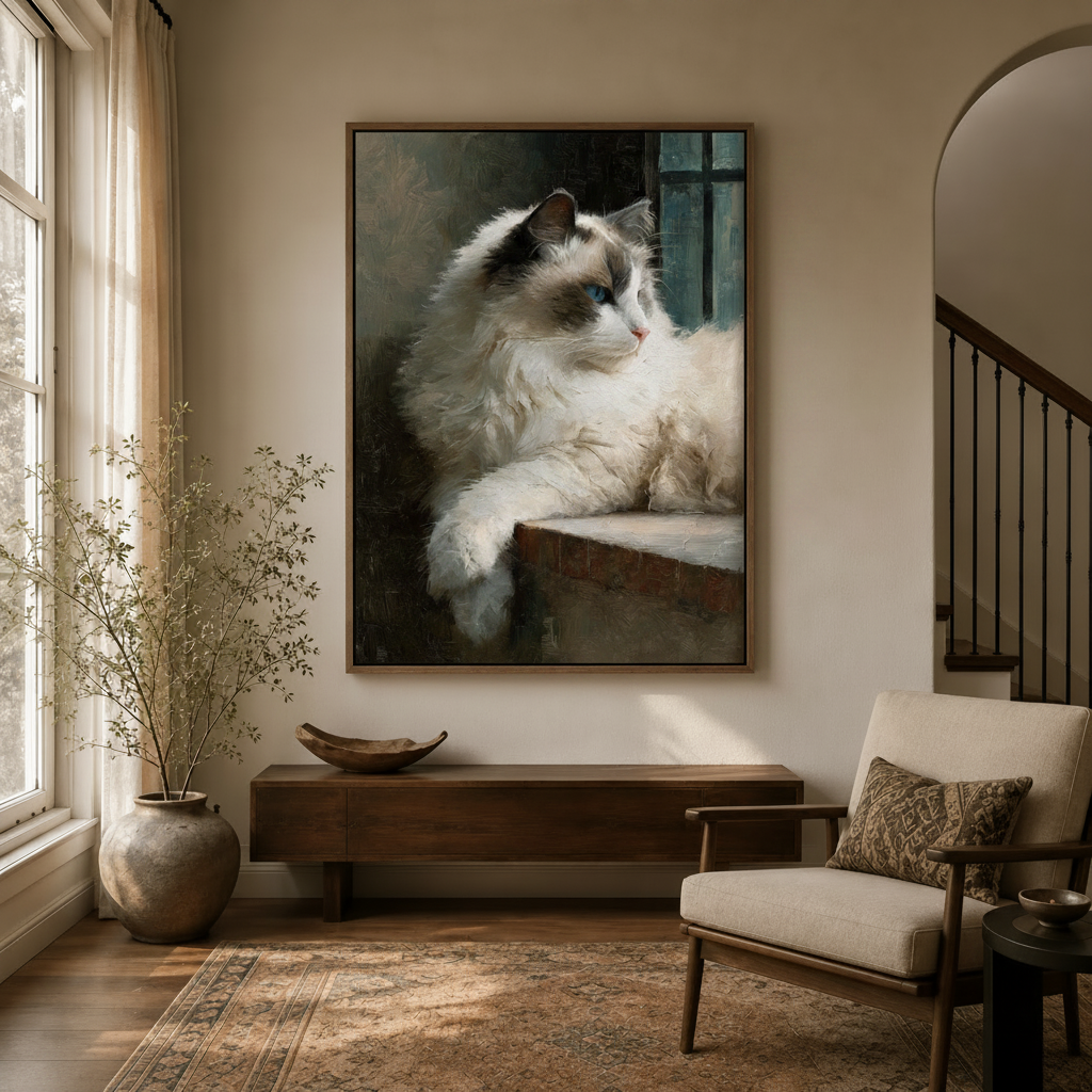 Elegant blue-eyed cat wall art in float frame above dark console table in modern entryway