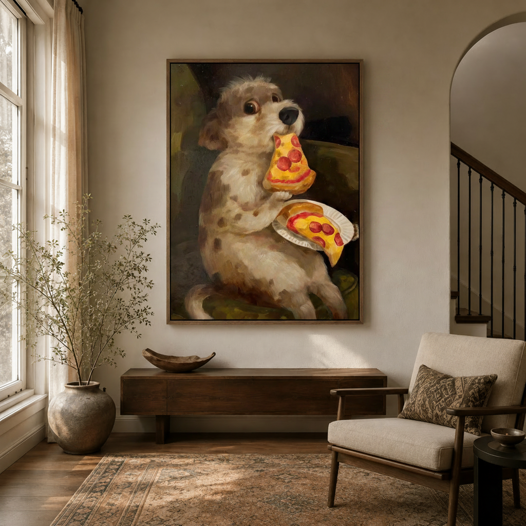 Humorous classical dog portrait canvas in floating frame hung in a bright entryway with natural light
