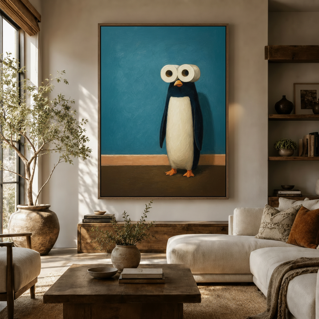 Humorous penguin with toilet paper eyes oil painting canvas in a warm living room above a wooden sideboard