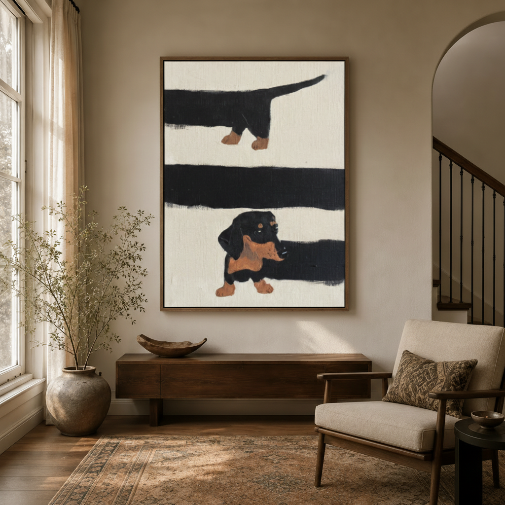 Framed dachshund canvas print hung in a bright neutral entryway beside dried branches and an arched doorway
