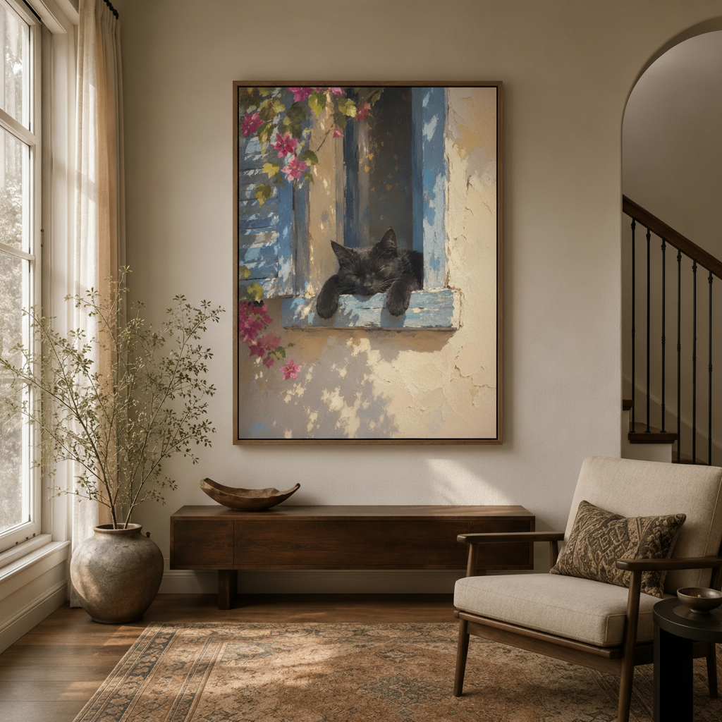 Impressionist oil painting canvas of black cat on window ledge hung in a bright entryway with arched doorway