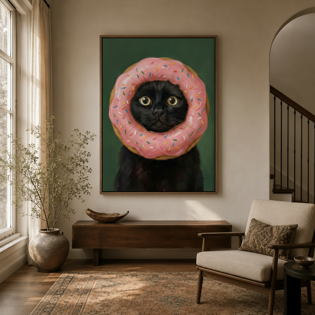 Funny black cat with pink donut framed wall art hanging in a modern entryway