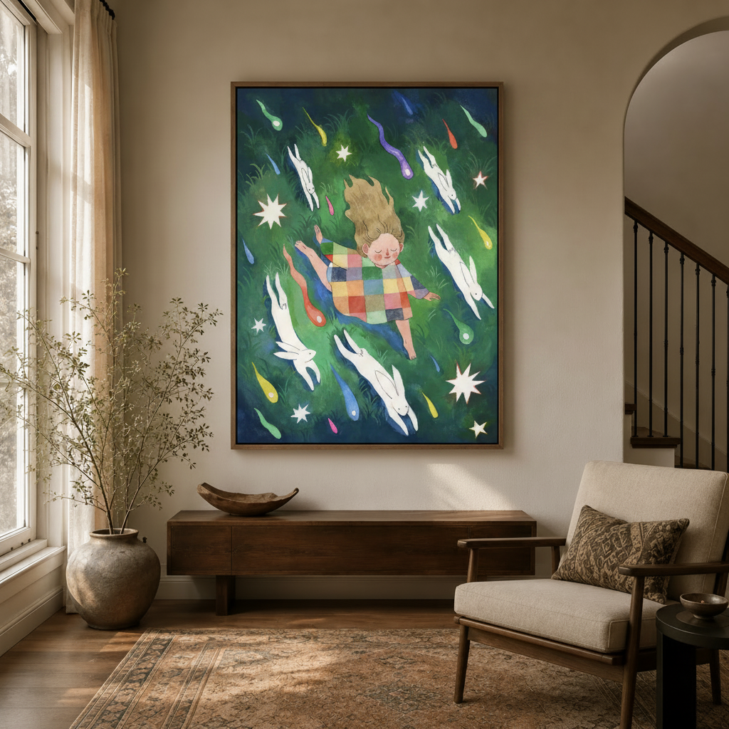 Whimsical girl with white rabbits watercolor print in dark walnut float frame hung in modern entryway