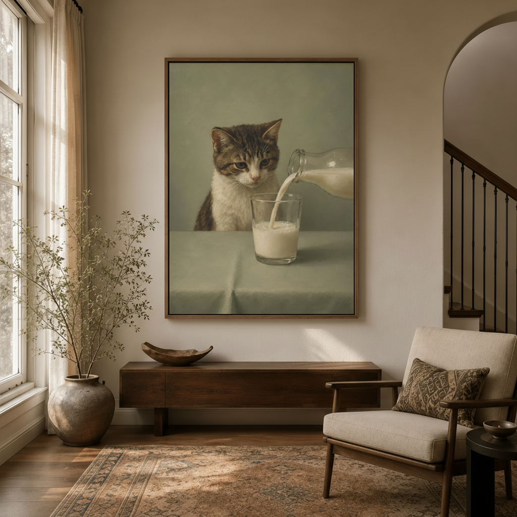 Cat watching milk pour oil painting in dark walnut float frame hung in bright entryway with arched doorway