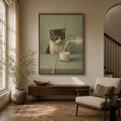 Cat watching milk pour oil painting in dark walnut float frame hung in bright entryway with arched doorway