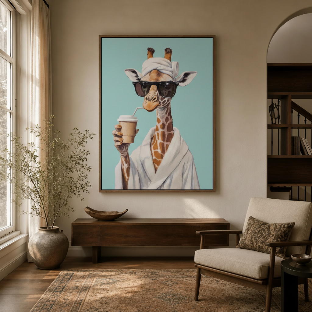 Funny animal canvas print with giraffe in sunglasses styled in a neutral-toned living room