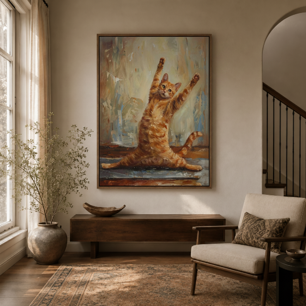 Joyful orange cat realist canvas wall art in home office – funny oil painting with arms-wide ecstatic tabby cat as cheerful uplifting desk wall accent by Aurewall