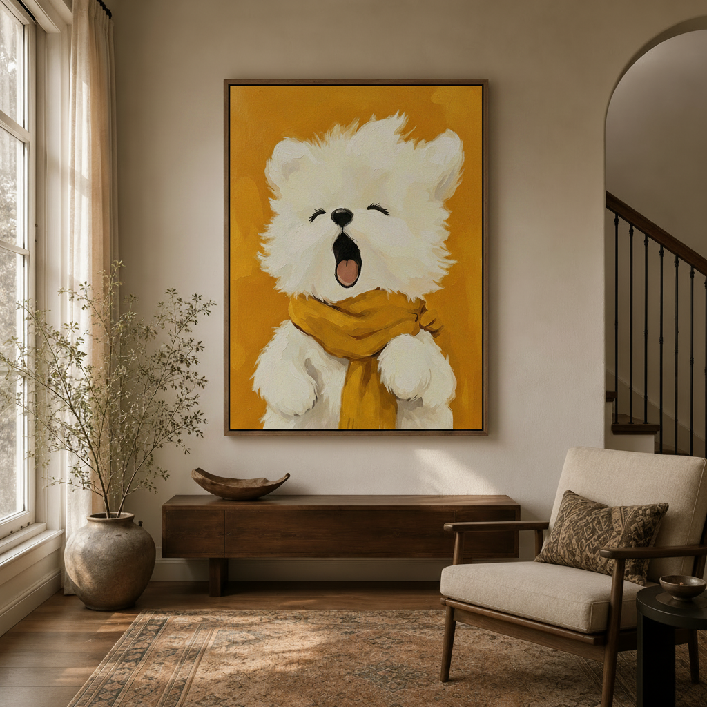Fluffy white dog yawning canvas art in float frame hanging in cozy entryway hallway
