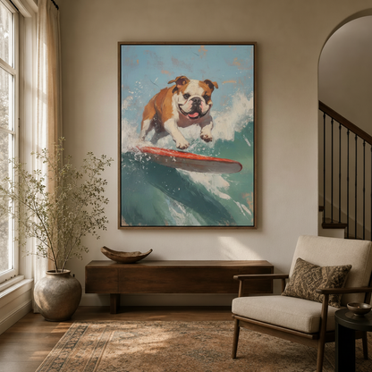 Vintage wave bulldog wall art hanging in a cozy entryway with arched doorway and dried branch vase
