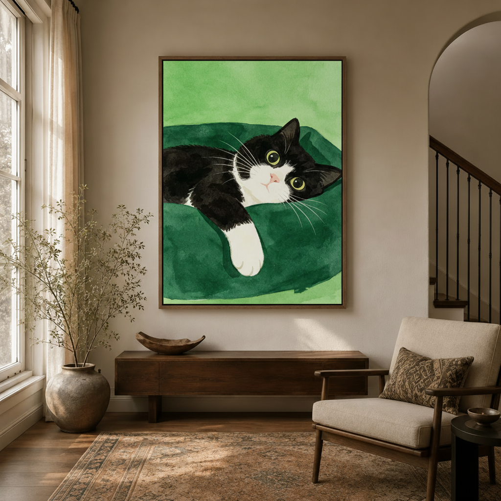 Black and white cat watercolor art in float frame hanging in cozy entryway hallway