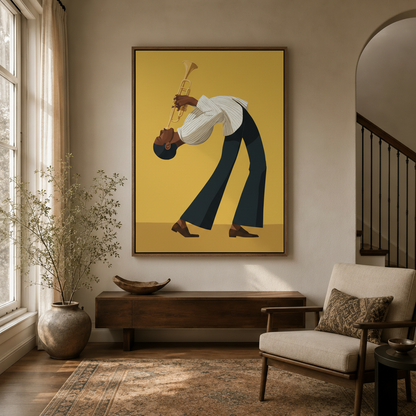  Music-themed flat illustration canvas in floating frame displayed in a cozy entryway hallway