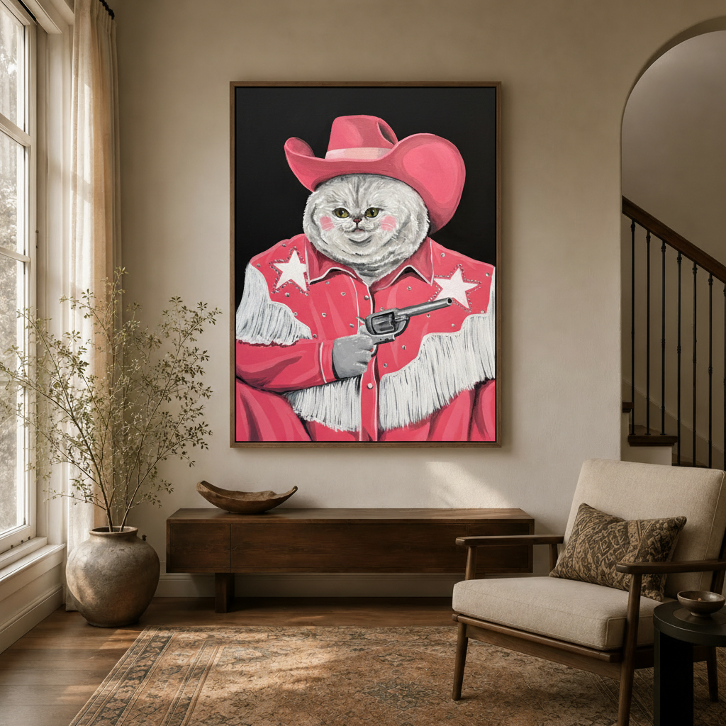 Whimsical white cat in pink cowboy hat canvas painting hanging in a cozy entryway above a walnut console