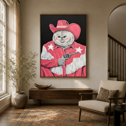 Whimsical white cat in pink cowboy hat canvas painting hanging in a cozy entryway above a walnut console