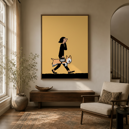 Bold dog wall art print hanging in a bright entryway beside a linen armchair
