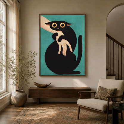 Bold teal background cat wall art hanging in modern entryway with arched doorway