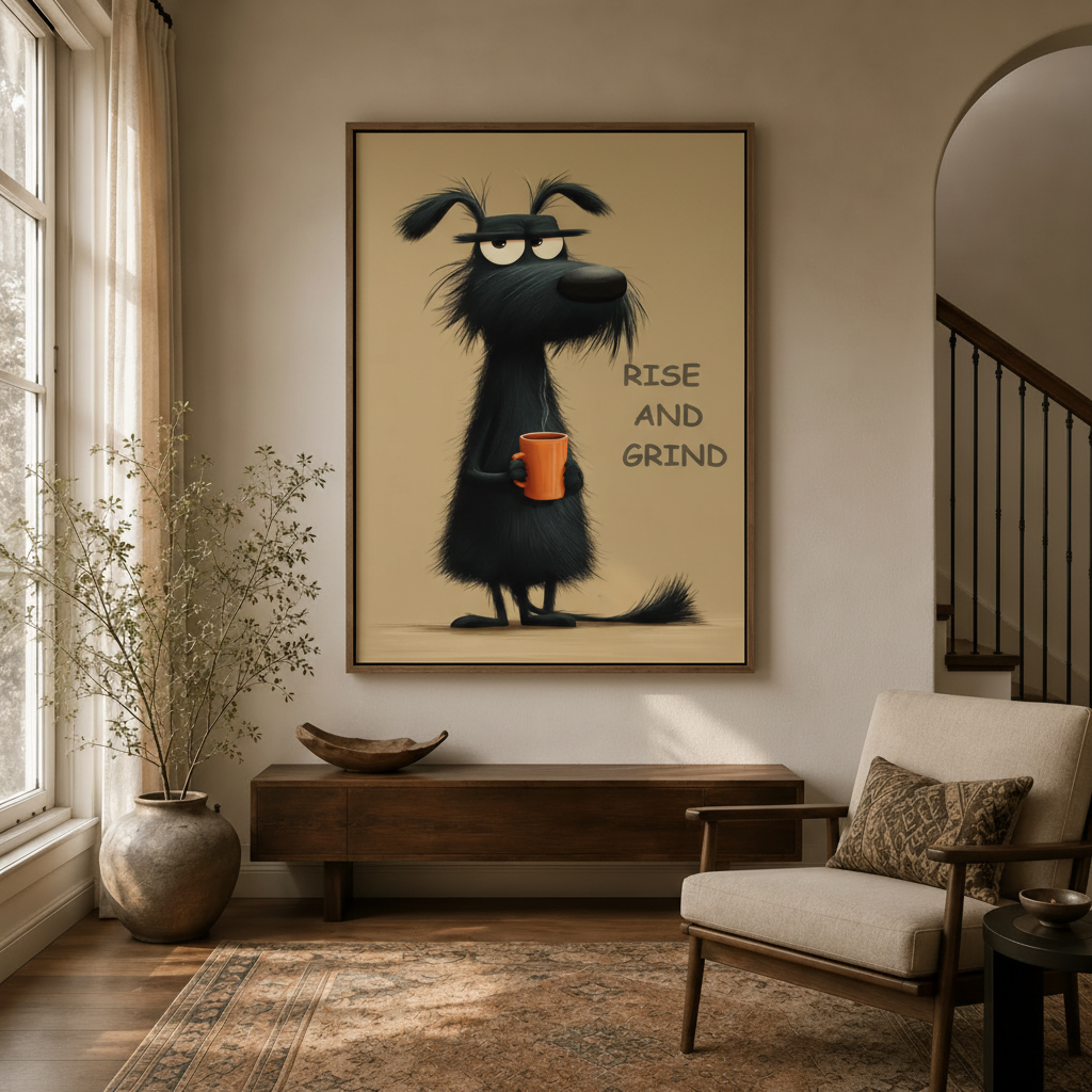 Rise and Grind whimsical dog wall art displayed in a cozy entryway with arched doorway