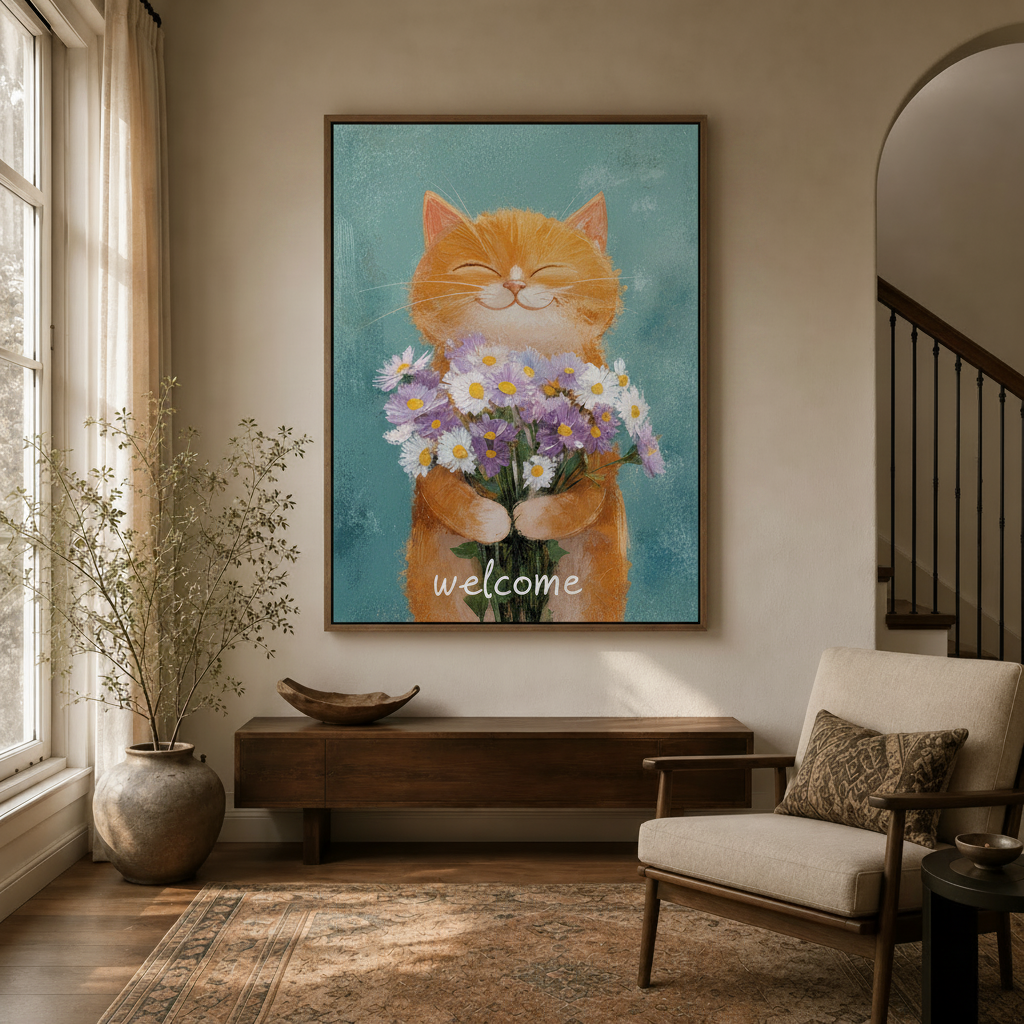 Smiling orange cat with daisy bouquet framed print displayed in warm entryway setting