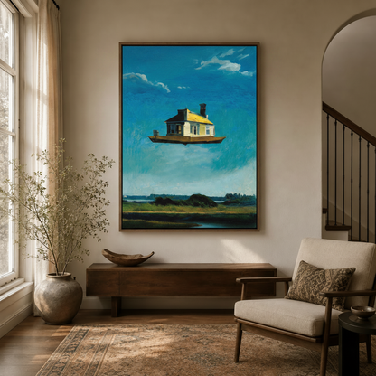  Dreamlike floating house landscape wall art hanging in modern entryway with arched doorway